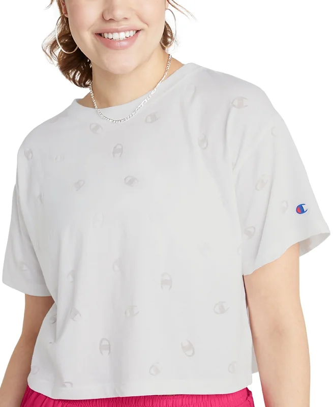 Champion Womens Logo Print Cropped T-Shirt V-Neck T-Shirt Long Sleeve Cotton