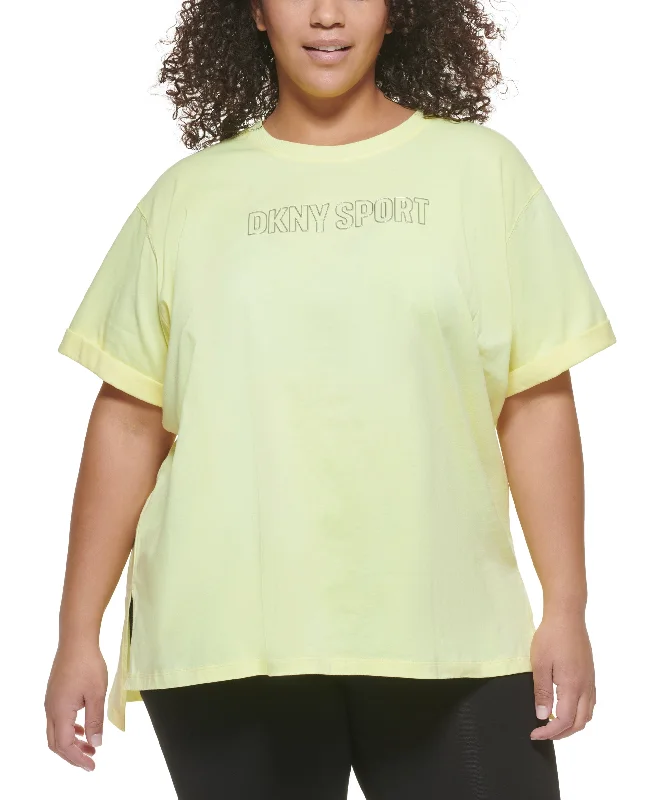 DKNY Sport Plus Size Cotton Logo T-Shirt Welt Pockets Slit Pockets Flap Pockets