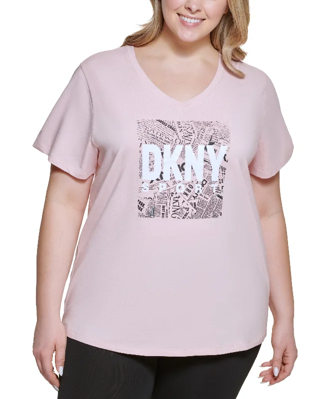 DKNY Sport Plus Size Newspaper Logo Tee Anti-Pilling Machine Wash Handmade