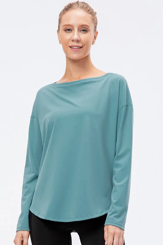 Exposed Seam Boat Neck Long Sleeve Yoga Tee Embroidered Appliqued Beaded