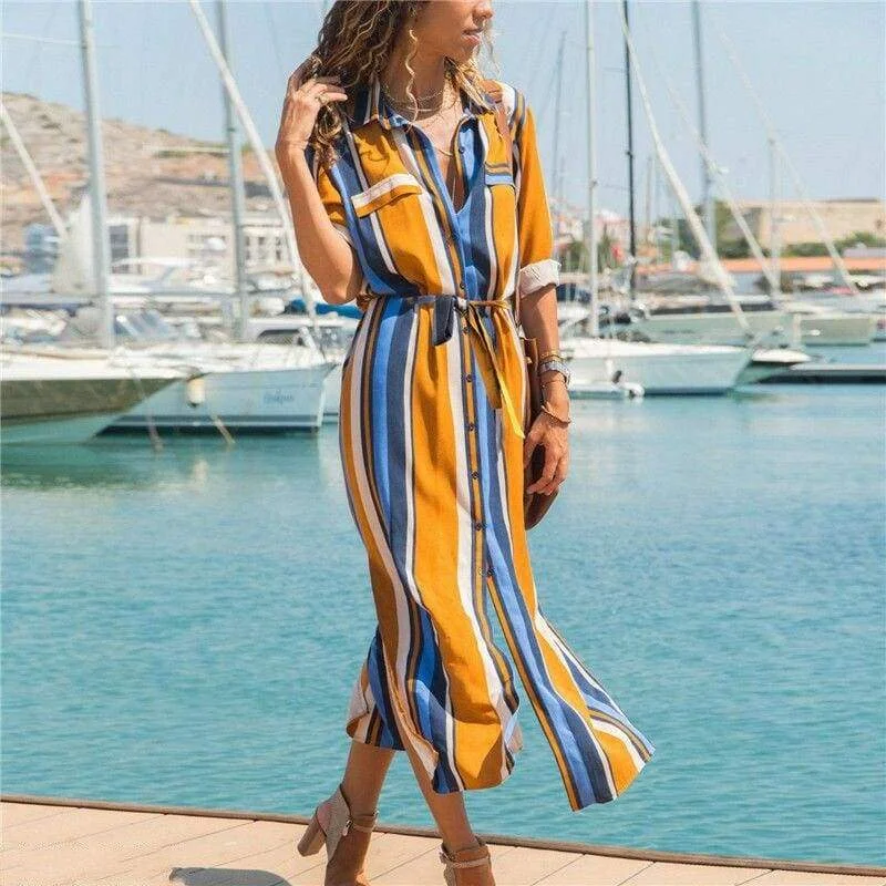 FashionSierra - New Spring Women's arrival Stripe T-Shirt High waist Casual Beach style Loose Shirt Long Dress Mesh Blend Leather Blend Suede Blend