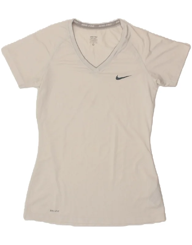 NIKE Womens Dri Fit T-Shirt Top UK 12 Medium White Polyester Knit Fabric Woven Fabric Fleece Fabric