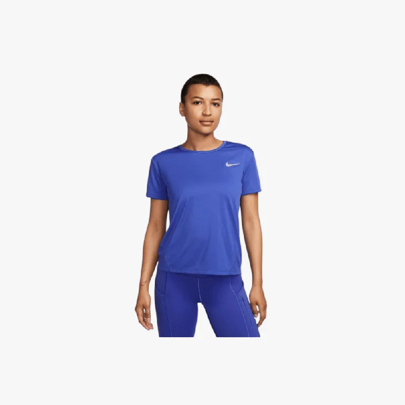 Nike Womens Miler Running Short Sleeve Tee Blue Asymmetrical Pockets Print