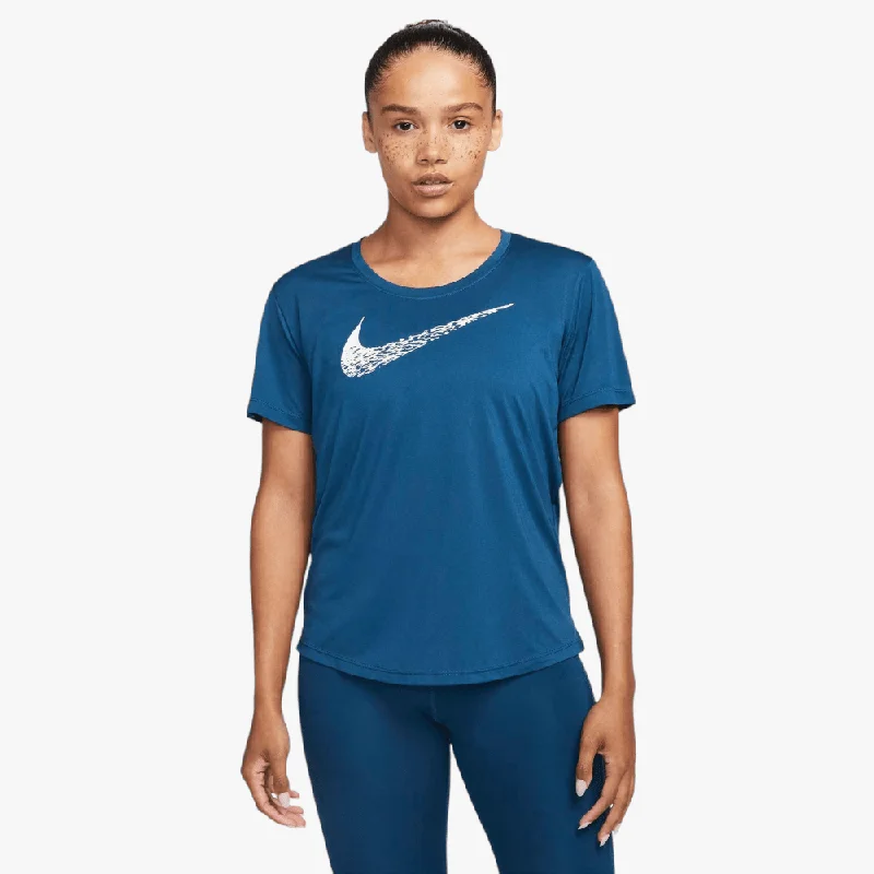 Nike Womens Running Swoosh Dri-Fit Short Sleeve Tee Blue Mesh Fabric Canvas Fabric Denim Fabric