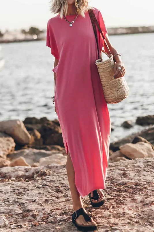 Pink Crew Neck Bat Sleeve Split Maxi T-shirt Dress Casual Formal Business