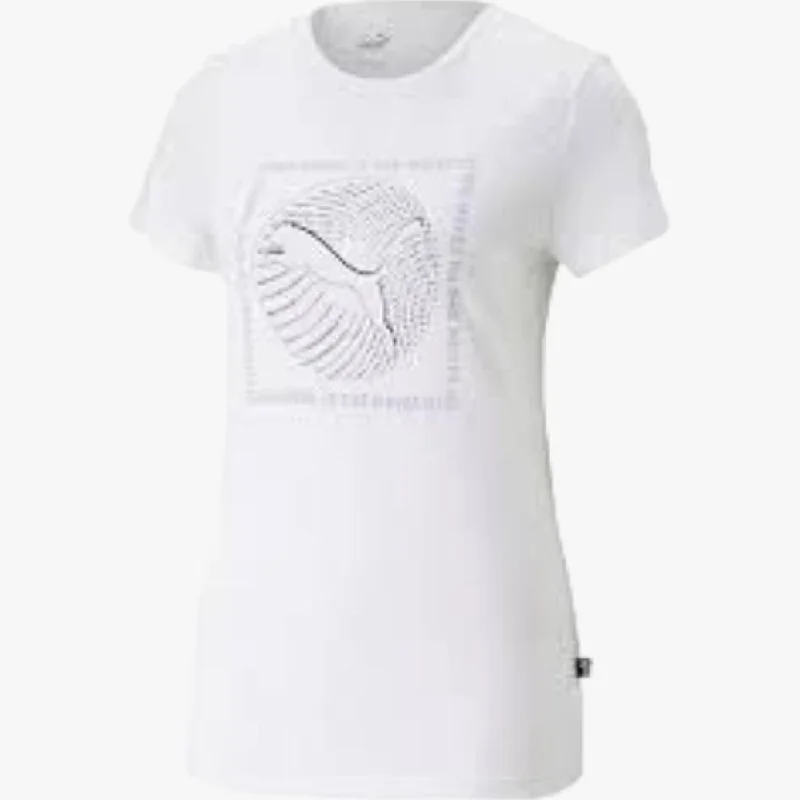 Puma Womens Graphics She Moves Short Sleeve Tee White Front Pockets Side Pockets Patch Pockets