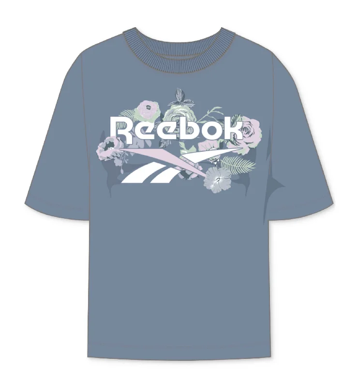 Reebok Womens Floral Print T-Shirt Notch Collar Peter Pan Collar Cowl Neck