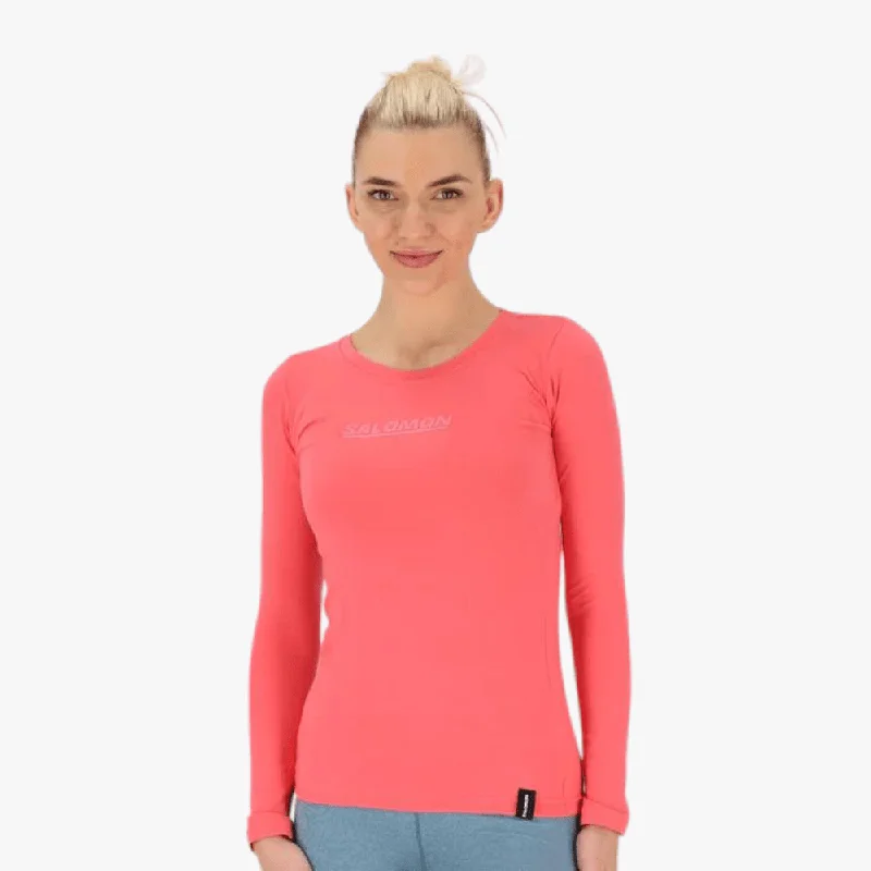 Salomon Womens Scoop Neck Long Sleeve Tee Sinkist Coral Welt Pockets Slit Pockets Flap Pockets