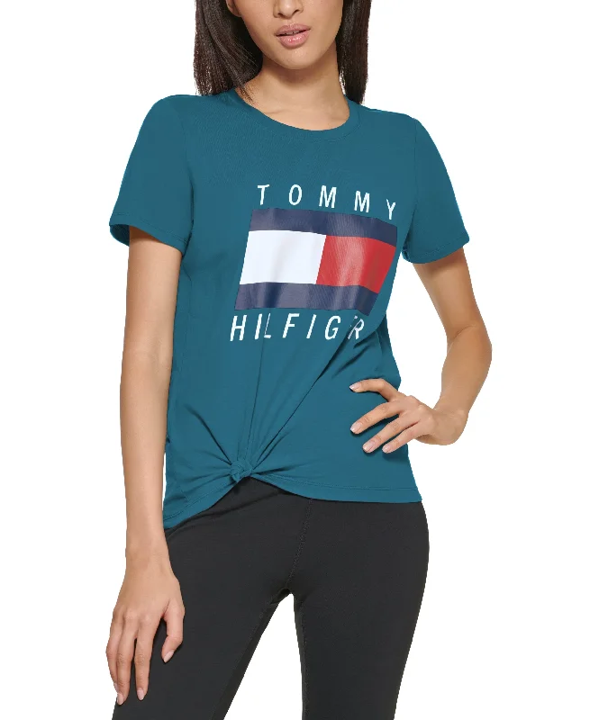 Tommy Hilfiger Sport Tie Front Logo T-Shirt Ribbed Striped Patterned