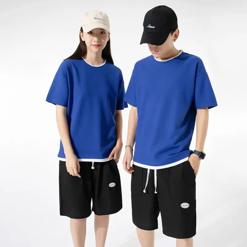 Unisex Fashion Waffle Round Neck Short Sleeve Oversized Loose T-Shirt And Shorts Two-Piece Set Mesh Canvas Denim