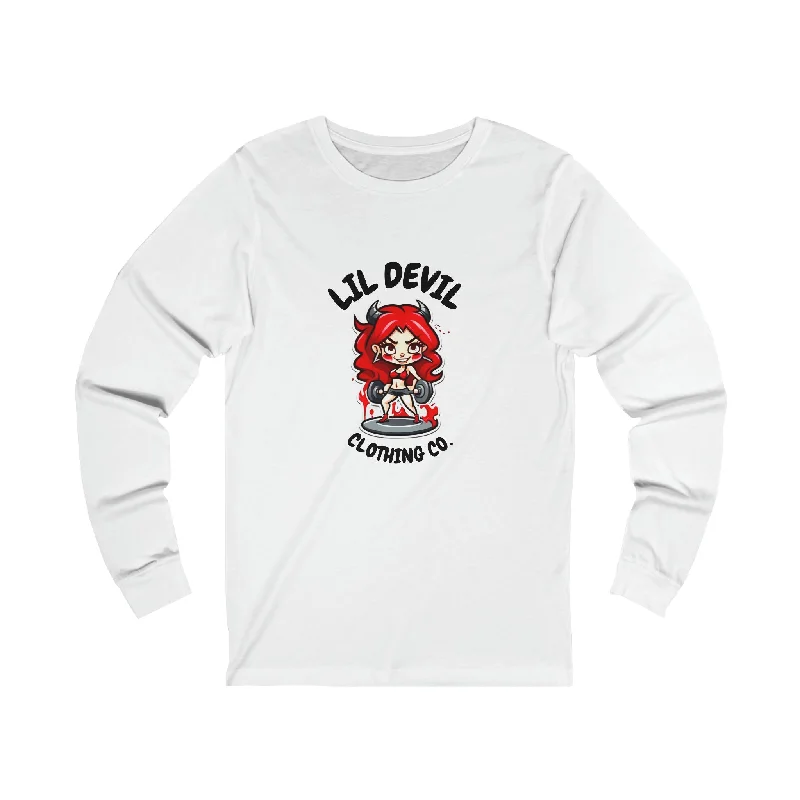 Unisex Jersey Long Sleeve Tee LilDevil fitness print Front Pockets Side Pockets Patch Pockets
