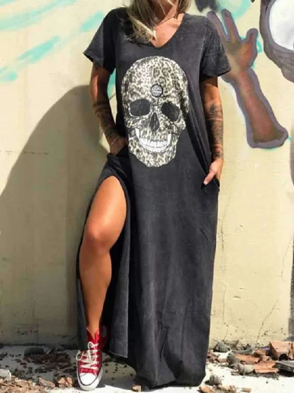 V-neck Short-sleeved Skull Print Slit T-shirt Dress Collared Crew Neck Turtle Neck