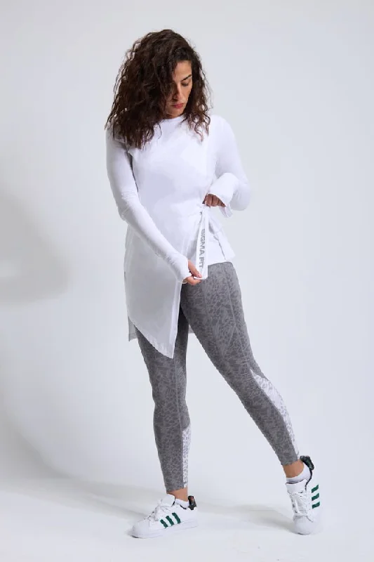 White Abstract Knotted LS Tee Thin T-Shirt Open Front Quick Dry