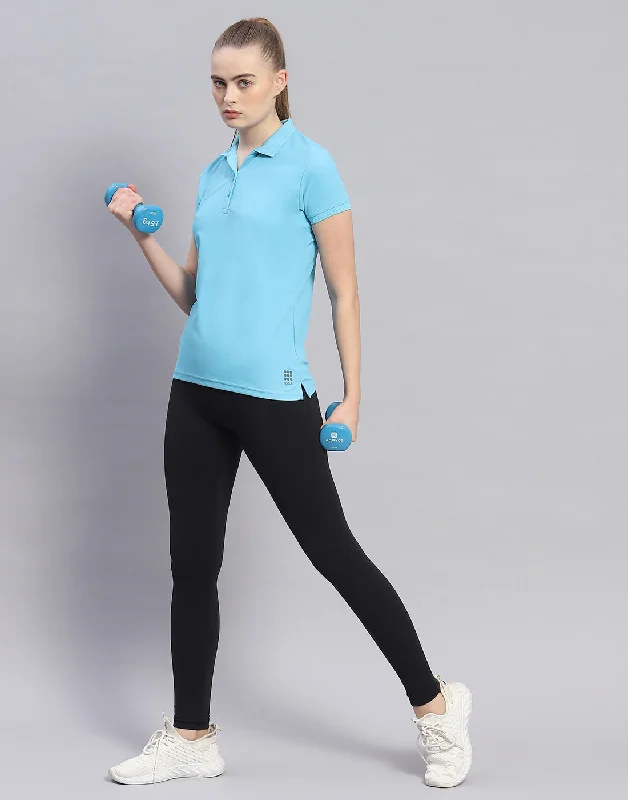 Women Blue Solid Polo Collar Half Sleeve T-Shirt Iron Safe Non-Iron Wrinkle Free