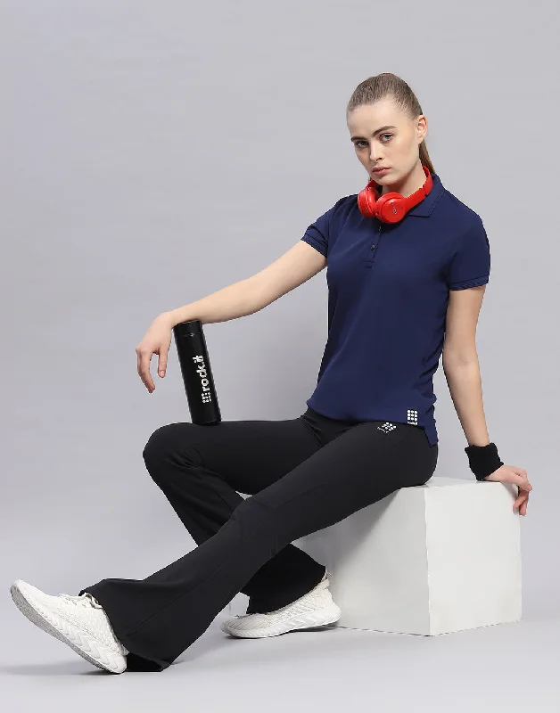 Women Navy Blue Solid Polo Collar Half Sleeve T-Shirt Elasticated Padded Insulated