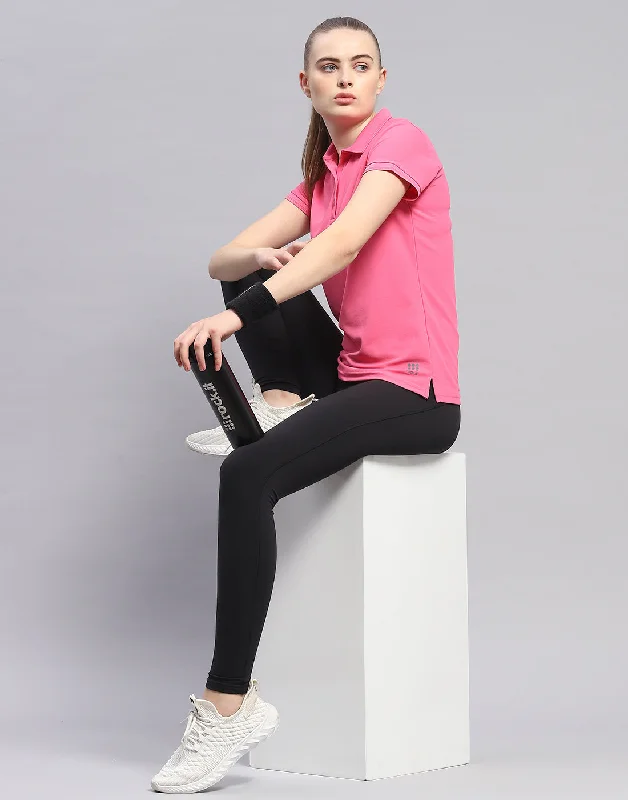 Women Pink Solid Polo Collar Half Sleeve T-Shirt Elegant Classic Vintage