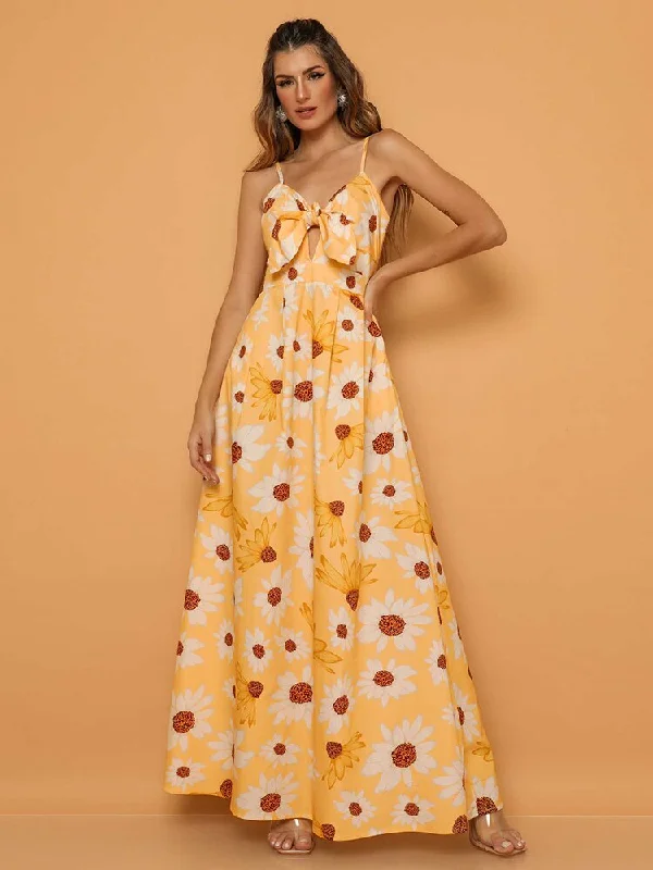 2023 Spring Summer Women's Vintage Floral Slip Maxi Dress Female V Neck Sleeveless Casual Sunflower Printed Beach Dresses Elegant Maxi Dress with Lace