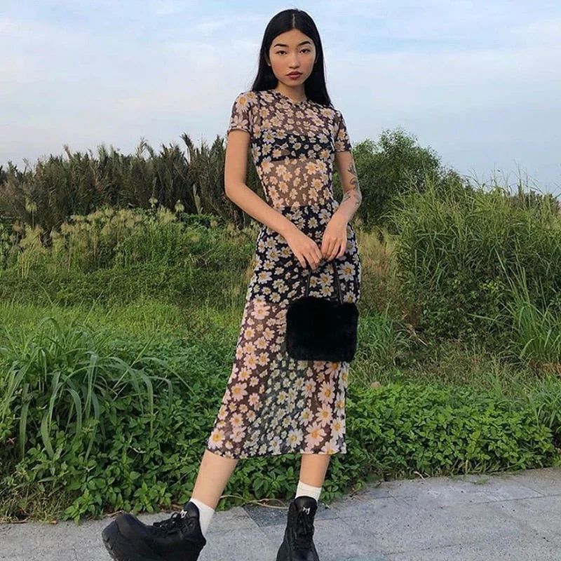 2023 Summer Mesh Sheer Floral Dress Women Short Sleeve See Through Bodycon Maxi Dress Bohemian Sexy Elegant Dresses Vestidos Fashionable Off-Shoulder Maxi Dress