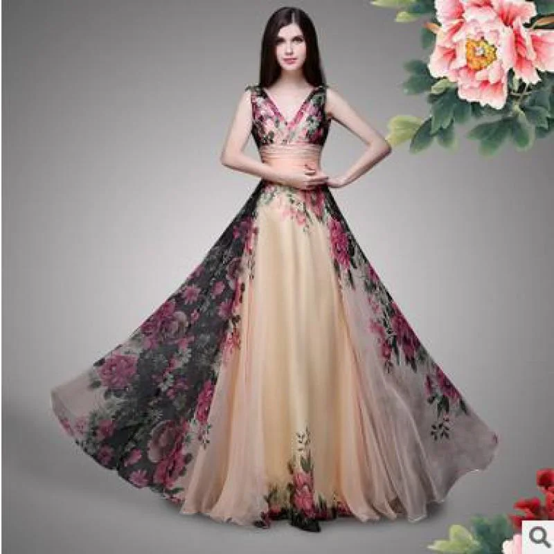 2023 Summer Top Selling Floor-length Elegant Temperament Floral Vintage Sleeveless Maxi Dress V Neck Dress Chiffon Stylish Boho Chic Maxi Dress 2023 Summer Top Selling Floor-length Elegant Temperament Floral Vintage Sleeveless Maxi Dress V Neck Dress Chiffon Stylish Boho Chic Maxi Dress