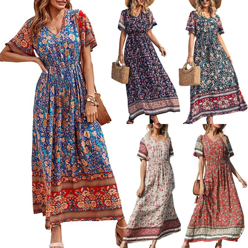 2023 Summer Women Floral Print Short Sleeve Beach Bohemian Maxi Dress Ladies V-neck Cotton Boho Sundress Vestidos Comfortable Satin Maxi Dress