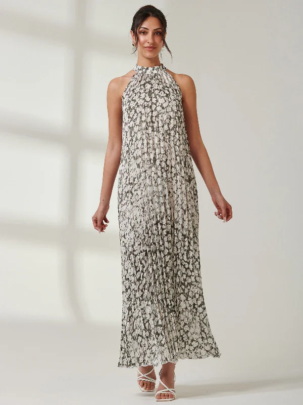 Abstract Halter Neck Pleated Maxi Dress Trendy Maxi Dress with Belt