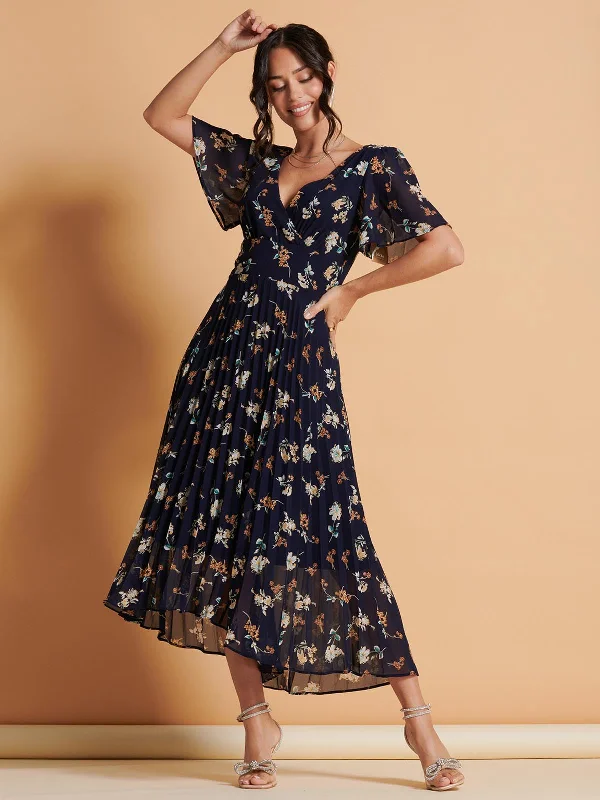 Angel Sleeve Pleated Chiffon Maxi Dress, Navy Floral Cozy Ruffle Sleeve Maxi Dress