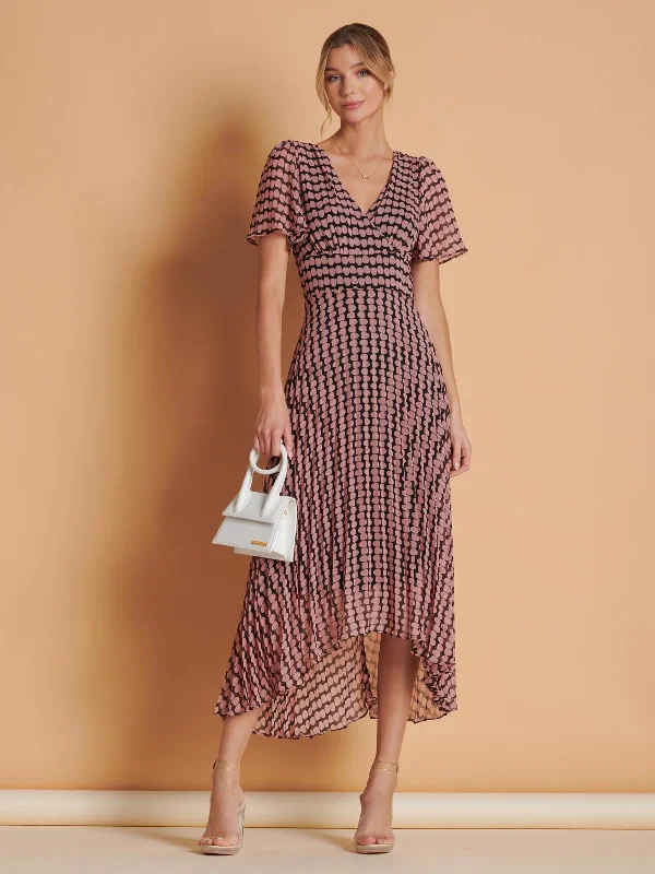 Angel Sleeve Pleated Chiffon Maxi Dress, Pink Geo Comfortable Ruffle Maxi Dress