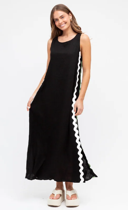 Barcelona Black Ric Rac Maxi Dress Elegant Silk Maxi Dress