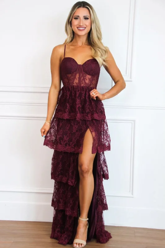 Beyond Romance Ruffle Lace Bustier Maxi Dress: Wine Stylish One-Shoulder Maxi Dress