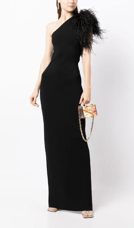 BLACK ONE-SHOULDER FEATHER MAXI DRESS Comfortable T-Shirt Maxi Dress