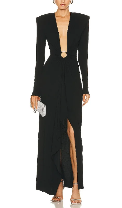 BLACK V NECK SPLIT THIGH MAXI DRESS Cozy Longline Maxi Dress