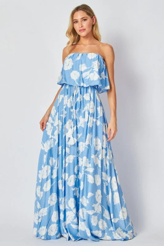 BLUE AND WHITE FLORAL PRINTED STRAPLESS MAXI DRESS Elegant Lace Maxi Dress