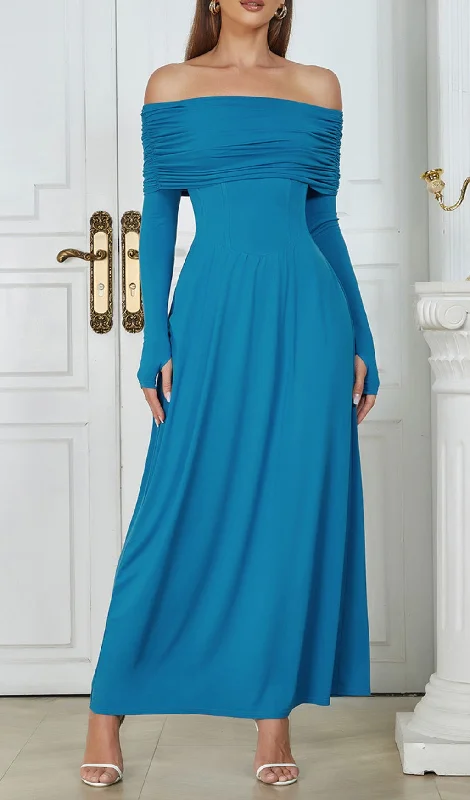 BLUE STRAPLESS LONG SLEEVE MAXI DRESS Classic Tulle Maxi Dress
