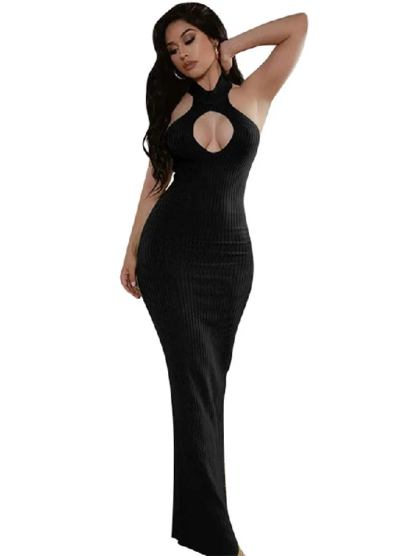 Bodycon Hollow Out Sleeveless Ribbed Knit Maxi Dresses Cozy Knitted Maxi Dress