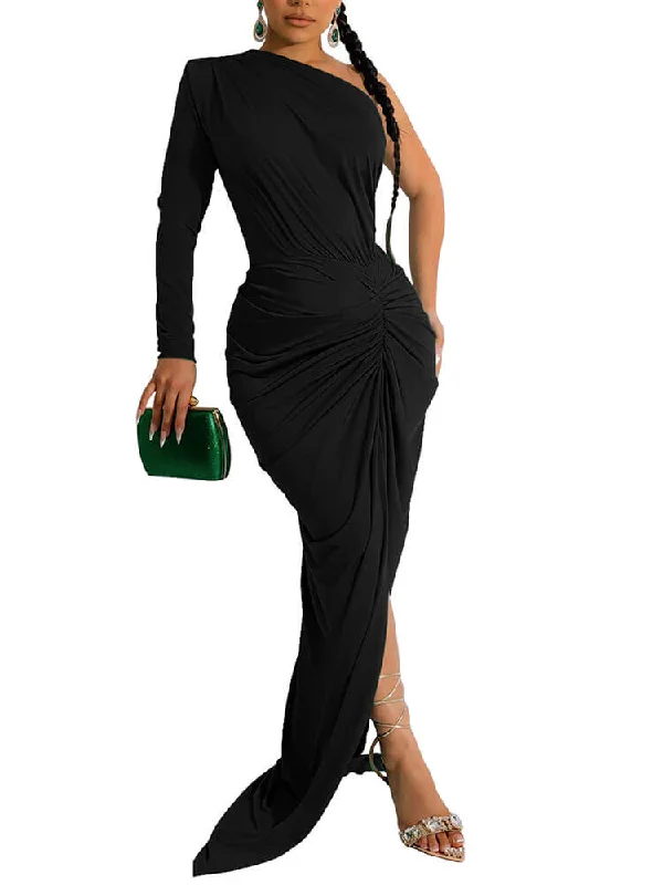 Bodycon One Sholder Long Sleeve Ruched Cocktail Maxi Dresses Stylish One-Shoulder Maxi Dress