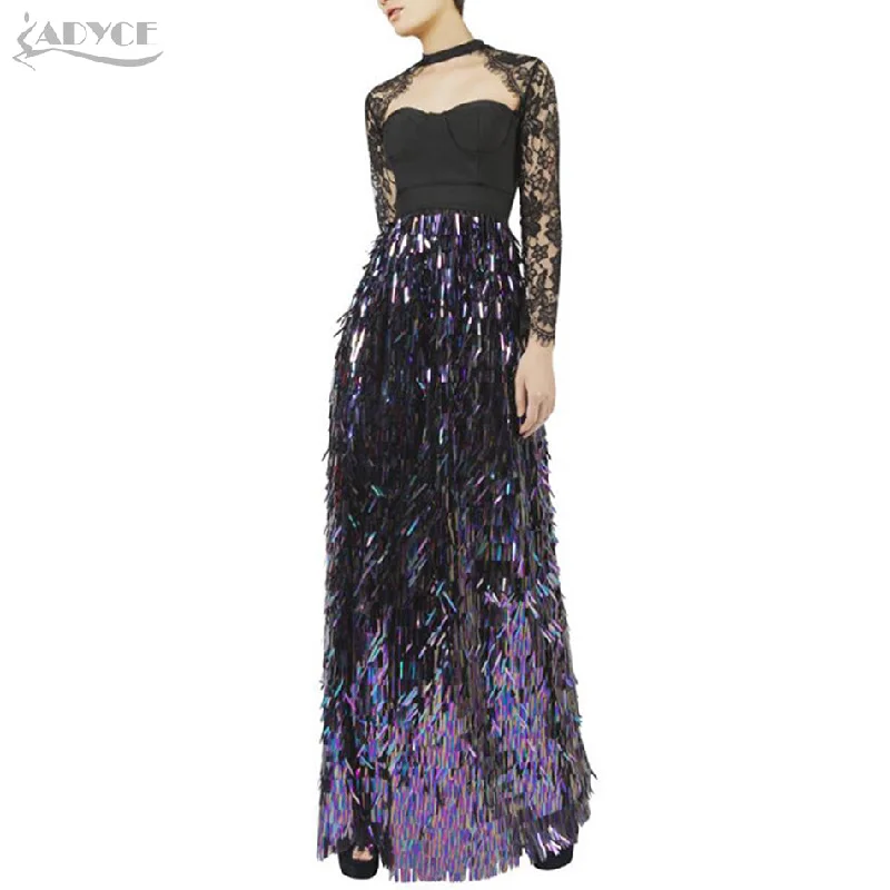 Brand Lace Sequins Long Sleeve Maxİ Dress Stylish Button-Up Maxi Dress
