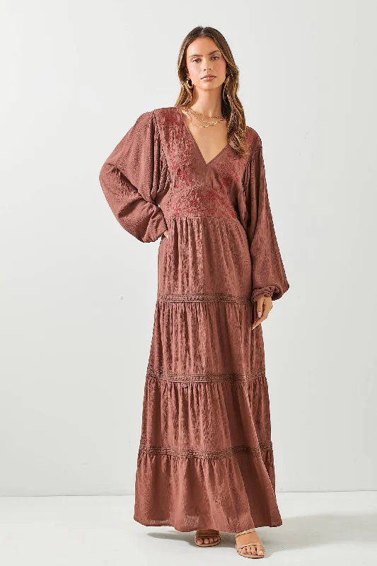BROWN EMBROIDERED V-NECK MAXI DRESS Elegant Boho Maxi Dress