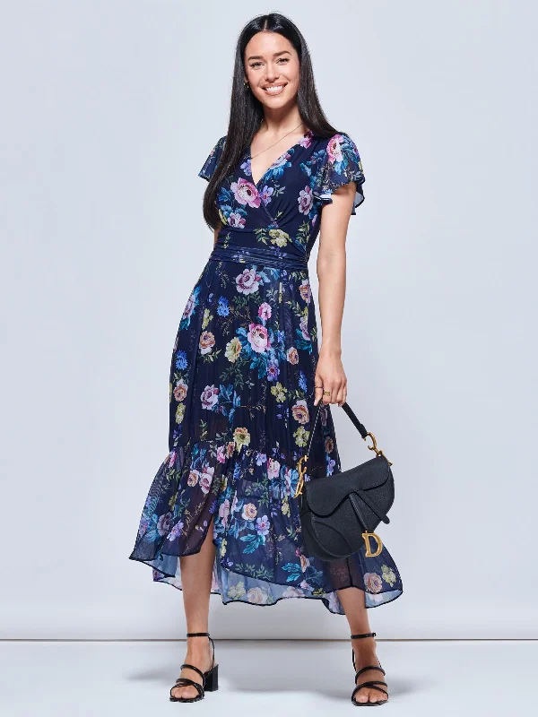 Carleigh Printed Mesh Tiered Maxi Dress, Navy Floral Cozy Cold-Shoulder Maxi Dress