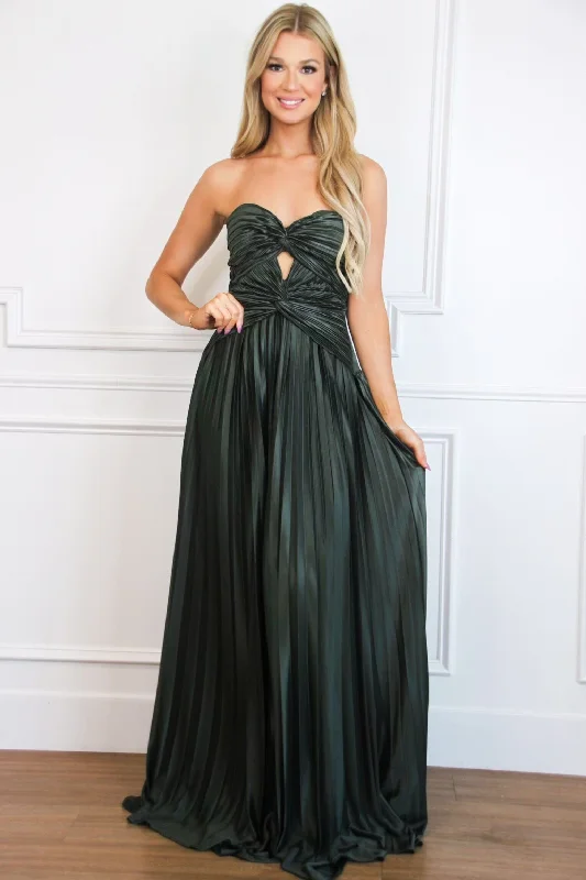 Carolina Strapless Pleated Maxi Dress: Dark Olive Comfortable Maxi Dress with Slits