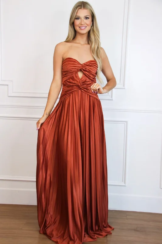 Carolina Strapless Pleated Maxi Dress: Rust Comfortable Fitted Maxi Dress