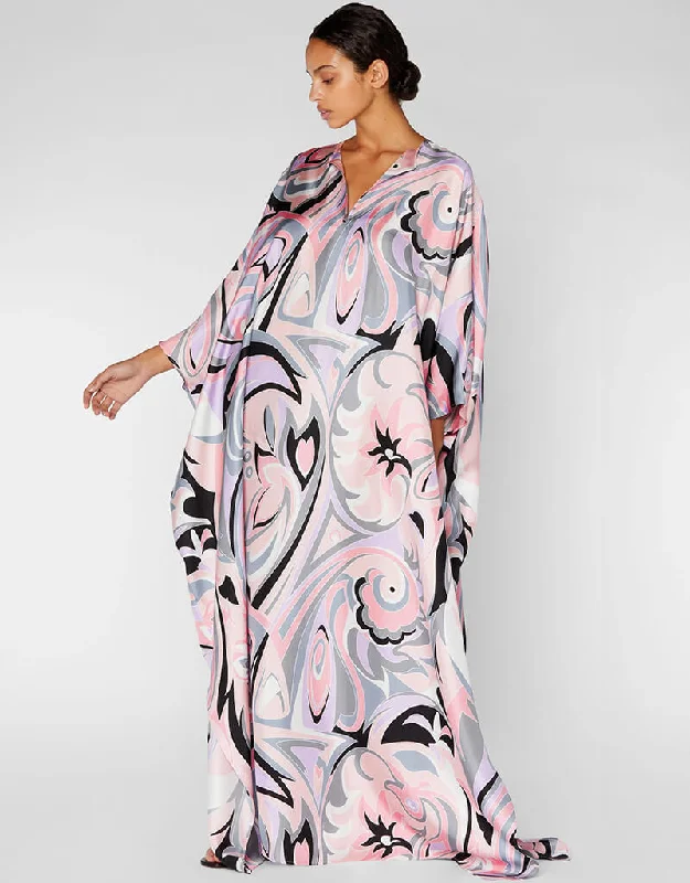 Carousel Pink Heavy Designer Digital Printed Maxi Dress Style Kaftan Stylish Pleated A-Line Maxi Dress