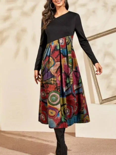 Casual Long Sleeve Pleated Maxi Dress Cozy Maxi Dress with Slit