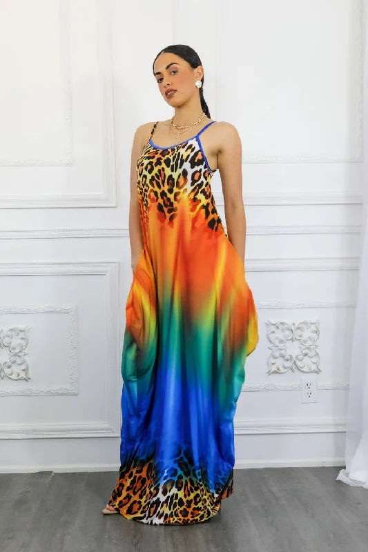 Cheetah Ombré Print Flow Maxi Dress with Side Pockets Trendy Maxi Dress with Lace