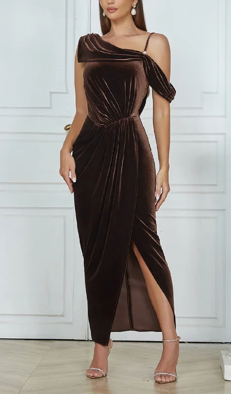 CHESTNUT ONE-SHOULDER BACKLESS BODYCON VELVET PLEATED MAXI DRESS Stylish Maxi Dress with Frills