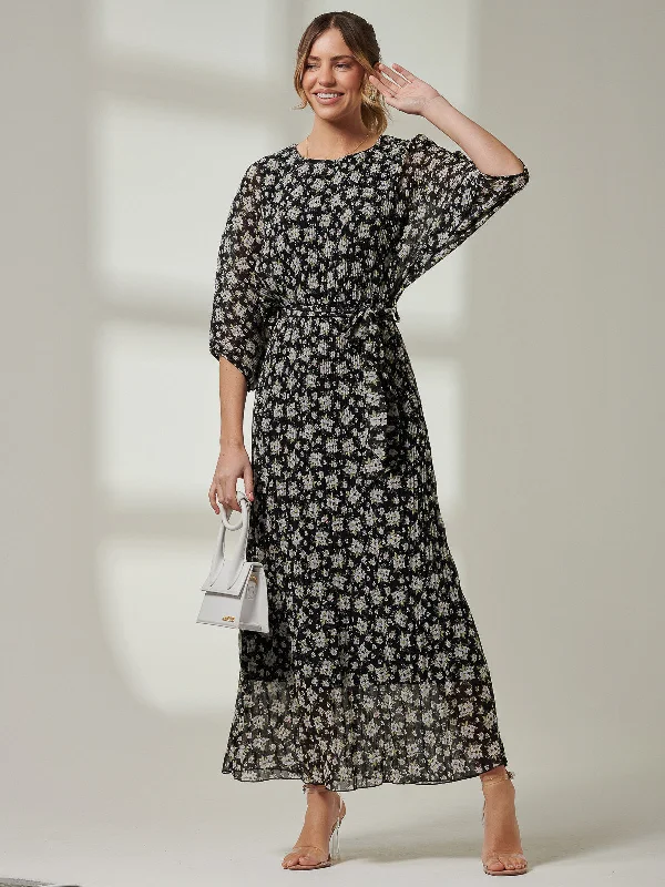 Chiffon Pleated Batwing Sleeve Maxi Dress, Black Floral Fashionable Chiffon Tiered Maxi Dress