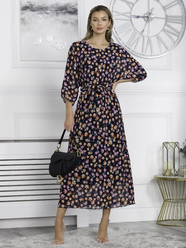 Chiffon Pleated Batwing Sleeve Maxi Dress, Navy Floral Chic Boho Print Maxi Dress
