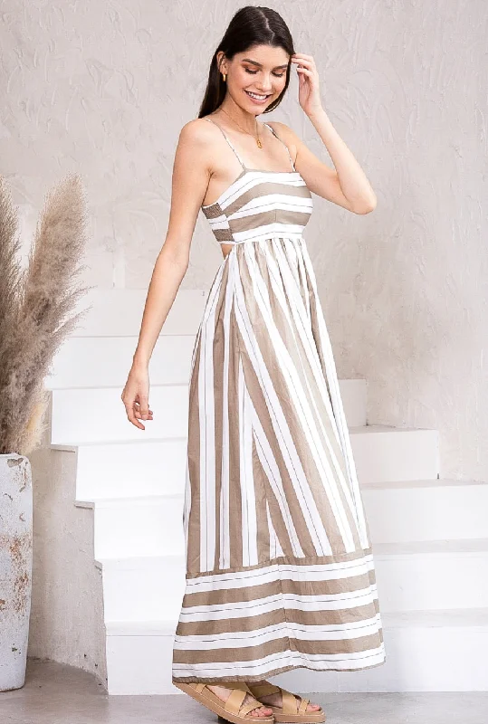 Cleo Beige and White Stripe Maxi Dress Cozy Spaghetti Strap Maxi Dress