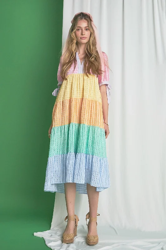 Colorblock Bow Tie Sleeve Maxi Dress Elegant Maxi Dress with Belt