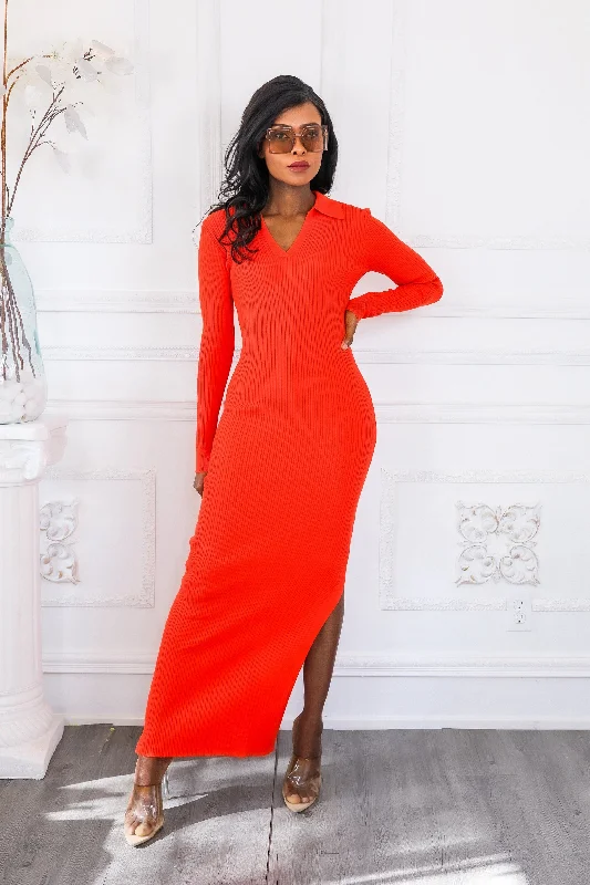 Cold Weather Slay Collar Ribbed Long Sleeves Maxi Dress with Side Slit Chic Sleeveless Maxi Dress