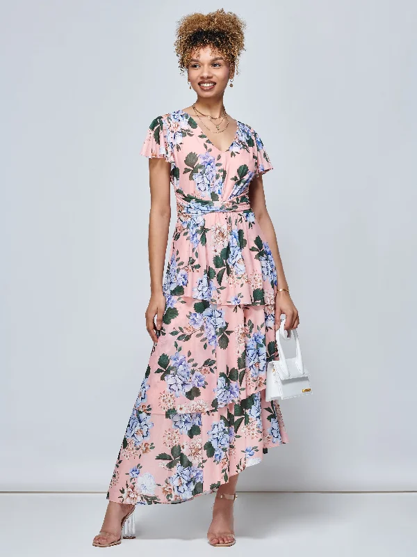 Danica Tiered Hem Mesh Maxi Dress, Pink Multi Trendy Button Front Maxi Dress